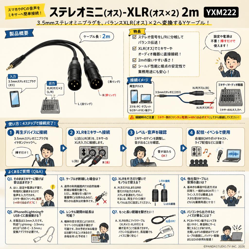 ステレオミニ (オス)-XLR (オス×2）2m　YXM222 FAQ（よくある質問と答え）