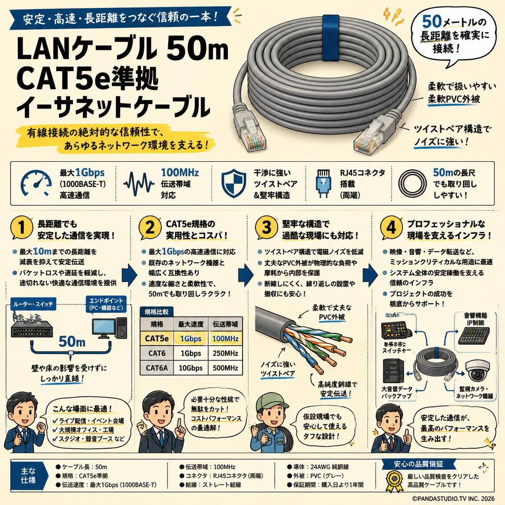 LANケーブル 50m CAT5e準拠 イーサネットケーブル 概要