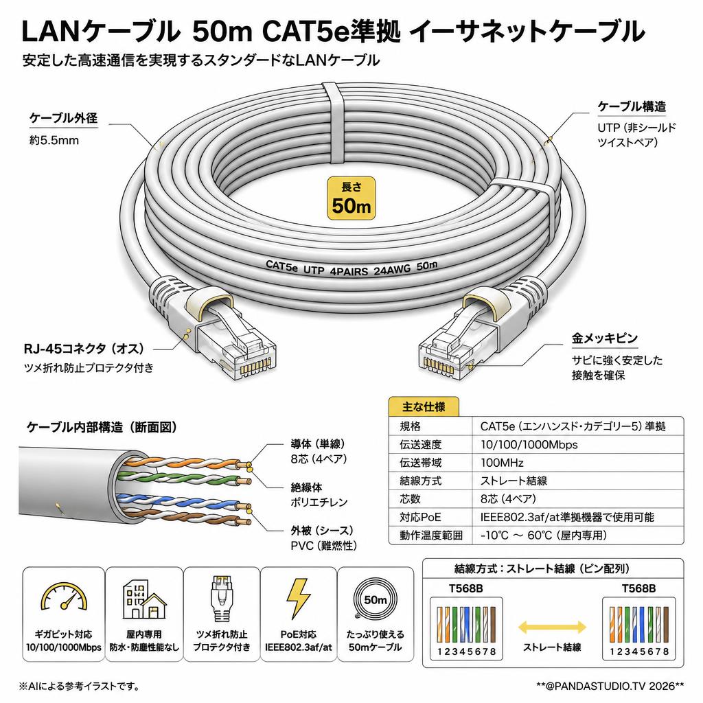 LANケーブル 50m CAT5e準拠 イーサネットケーブル スペック