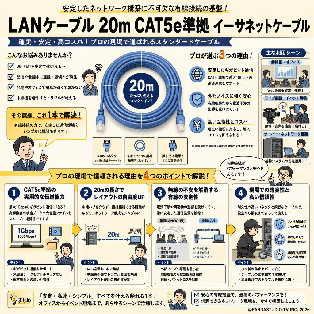 LANケーブル 20m CAT5e準拠 イーサネットケーブル 概要