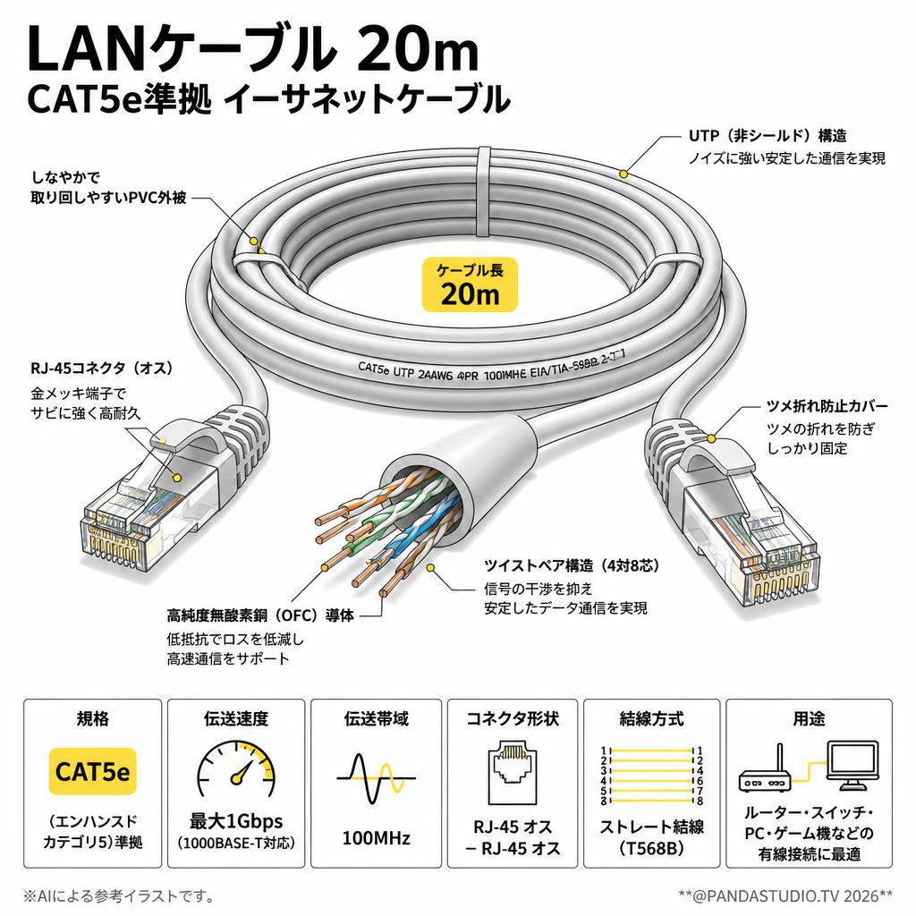 LANケーブル 20m CAT5e準拠 イーサネットケーブル スペック