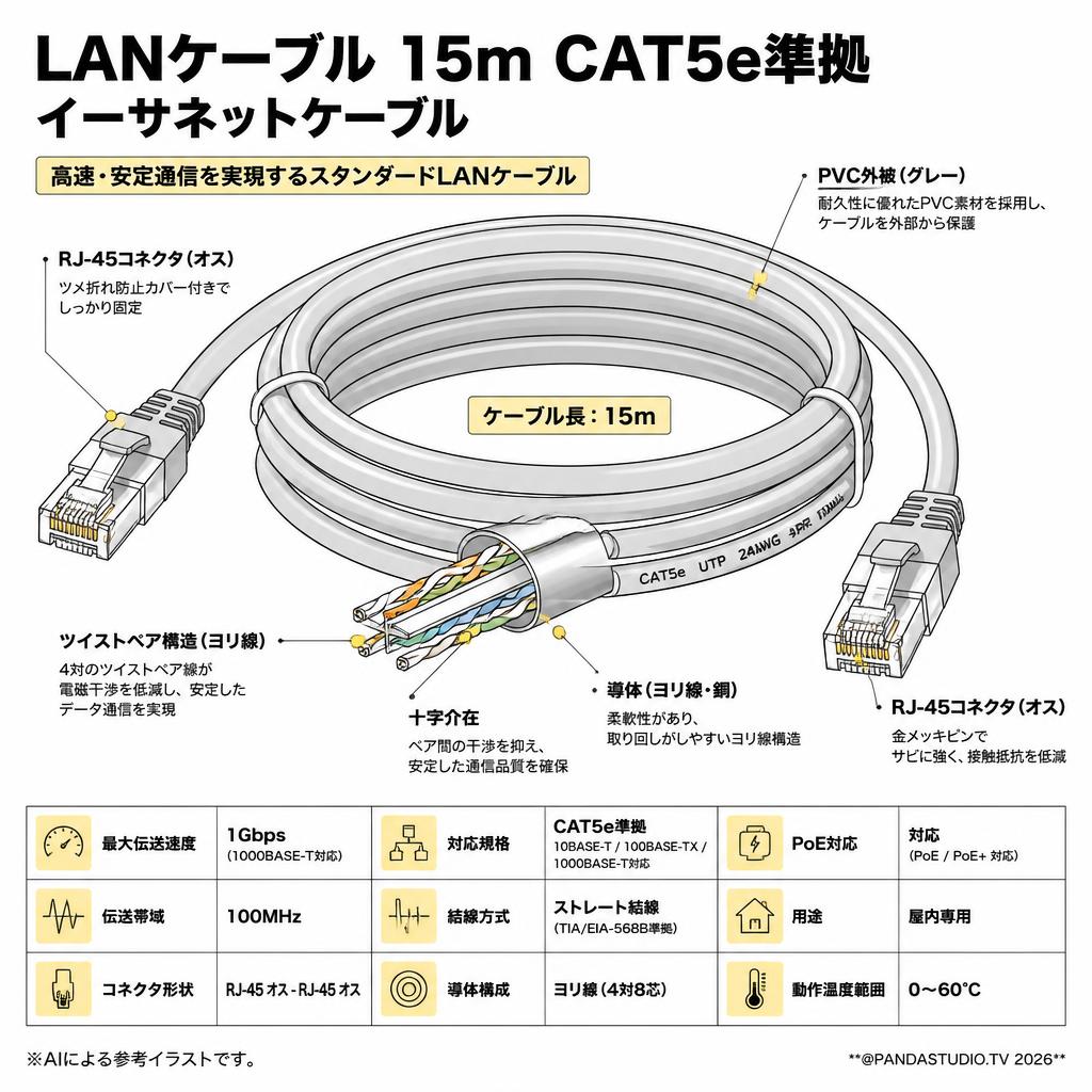 LANケーブル 15m CAT5e準拠 イーサネットケーブル スペック