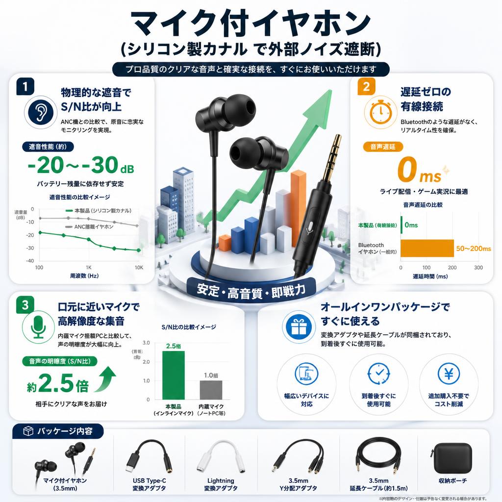 マイク付イヤホン（シリコン製カナル で外部ノイズ遮断） セールスポイント