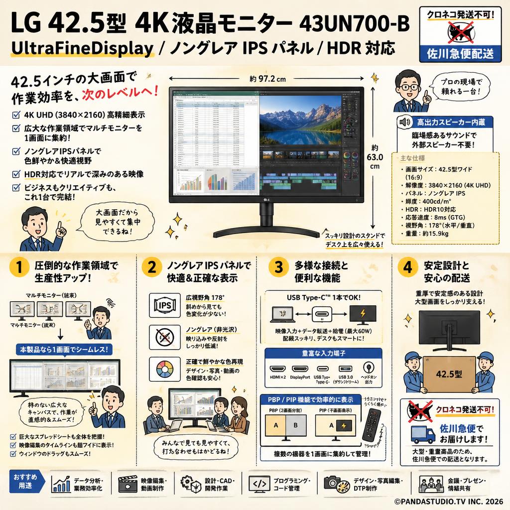 LG 42.5型 4K液晶モニター 43UN700-B /UltraFineDisplay/ノングレアIPSパネル/HDR対応【クロネコ発送不可/佐川急便配送】 概要