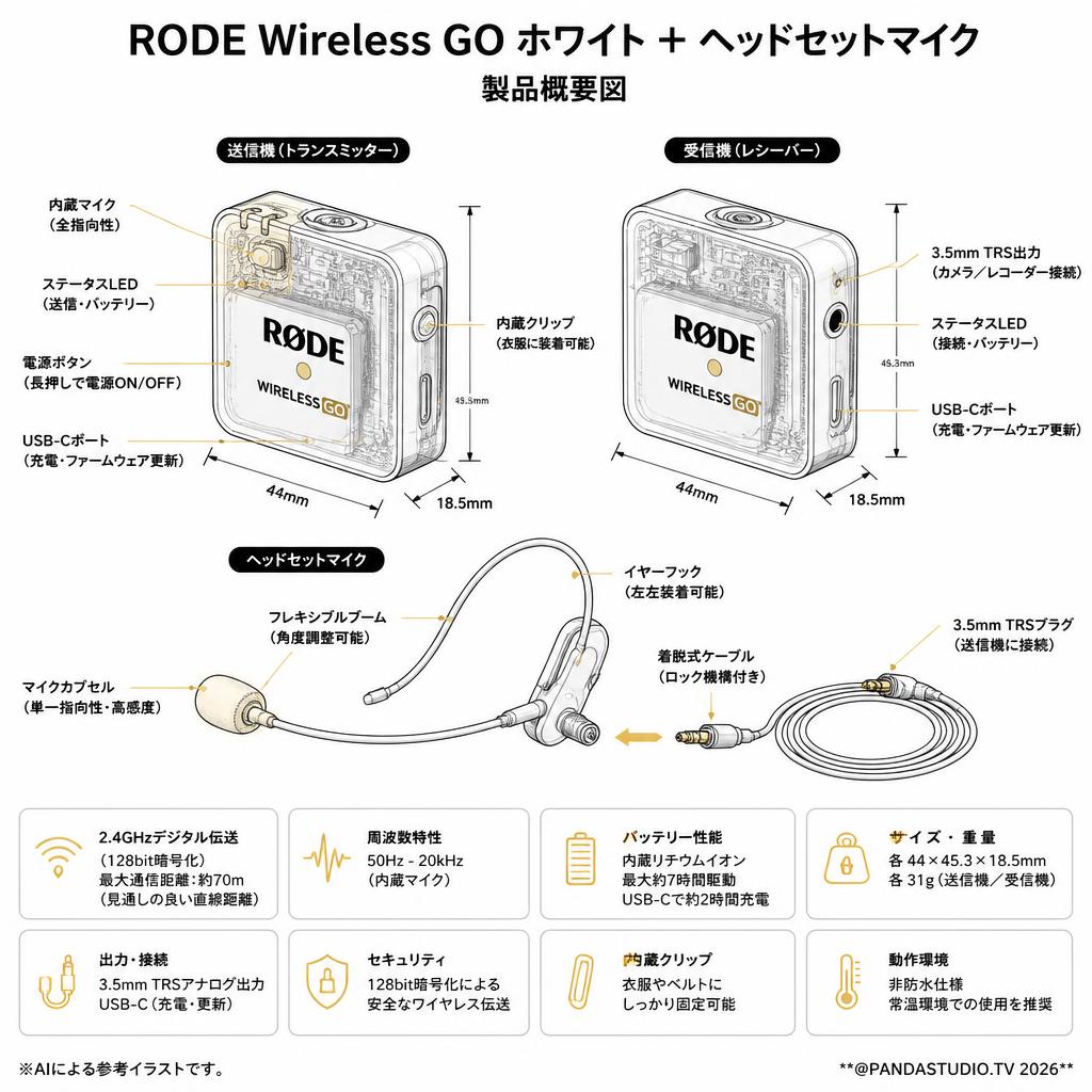 RODE Wireless GO white ＋ ヘッドセットマイク スペック