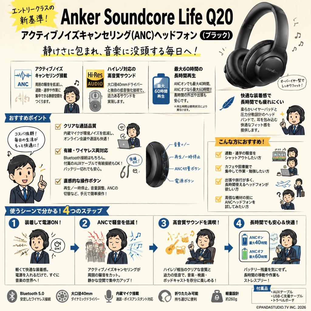 Anker Soundcore Life Q20 アクティブノイズキャンセリング(ANC)ヘッドフォン（ブラック） 概要