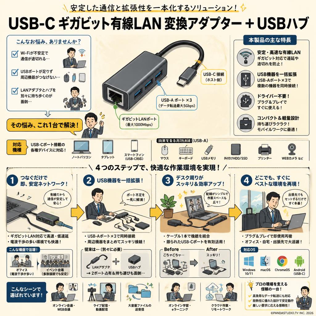 USB-C ギガビット有線LAN 変換アダプター ＋ USBハブ 概要