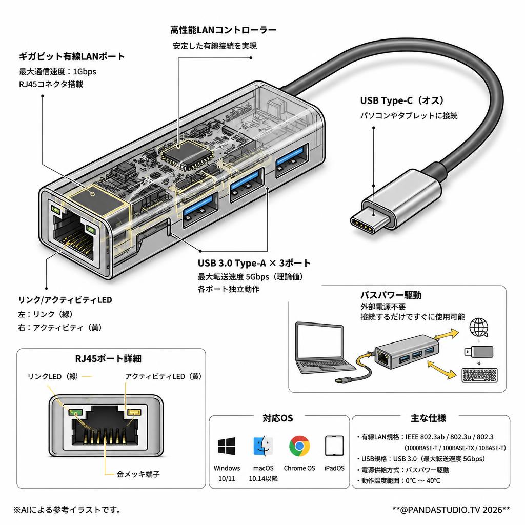 USB-C ギガビット有線LAN 変換アダプター ＋ USBハブ スペック