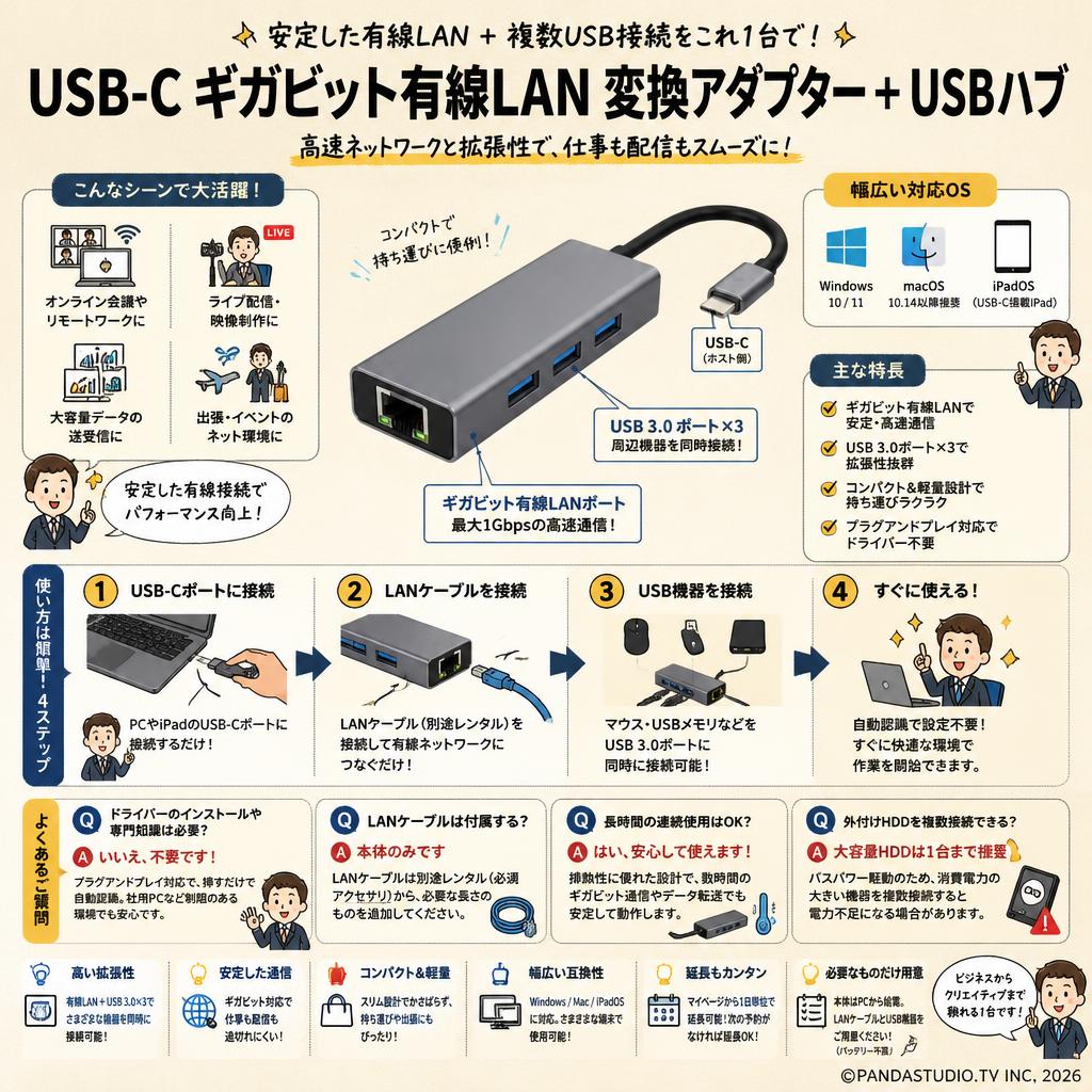 USB-C ギガビット有線LAN 変換アダプター ＋ USBハブ FAQ（よくある質問と答え）