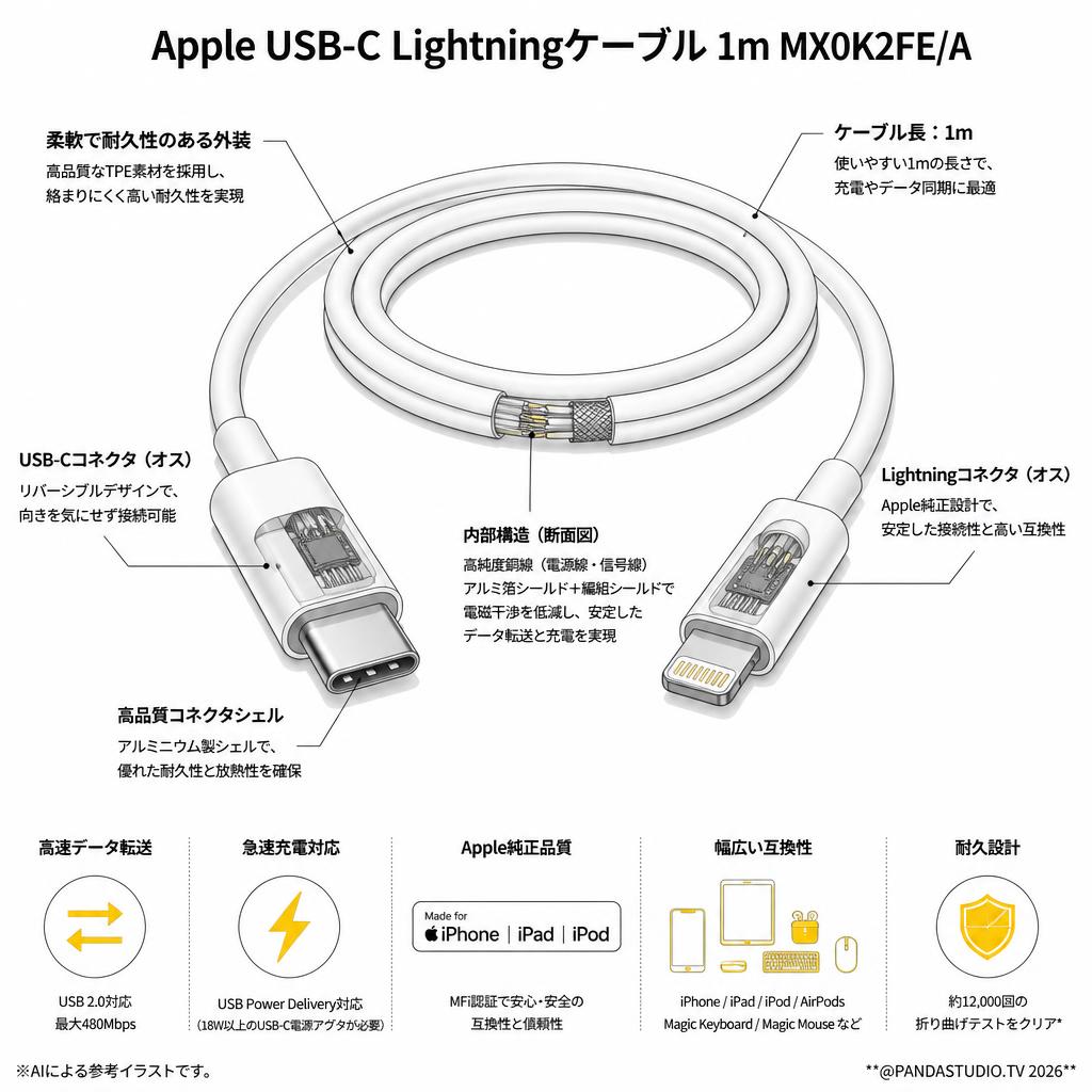 Apple USB-C Lightningケーブル 1m MX0K2FE/A スペック