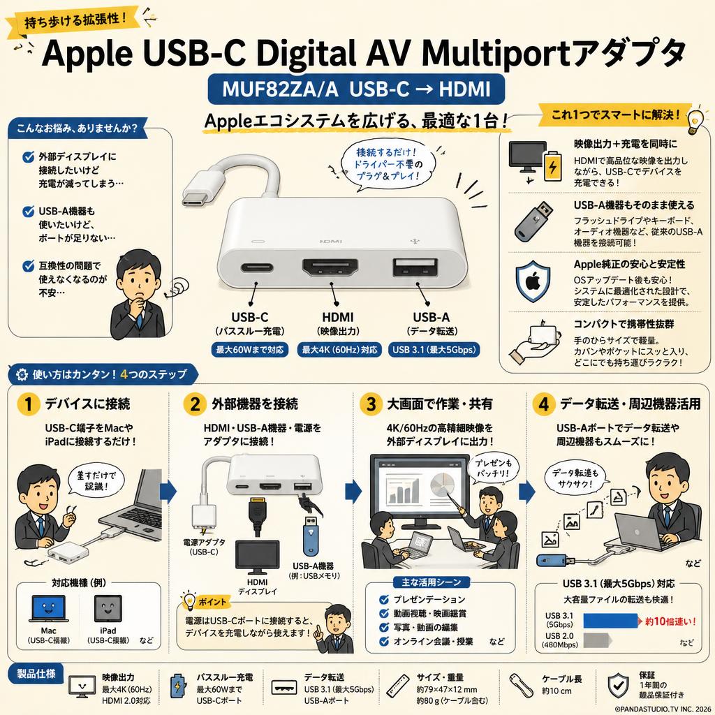 Apple USB-C Digital AV Multiportアダプタ MUF82ZA/A USB-C →HDMI 概要