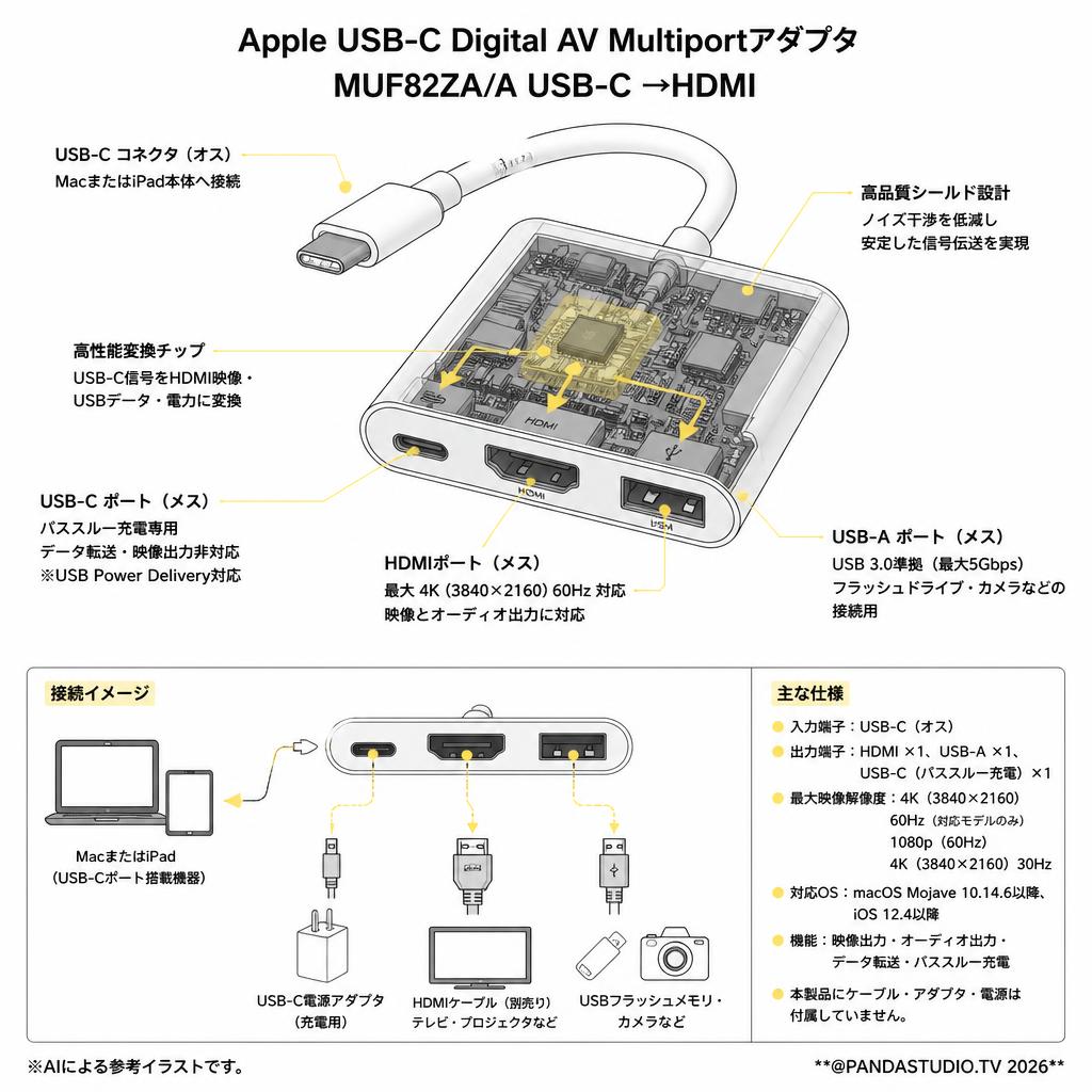 Apple USB-C Digital AV Multiportアダプタ MUF82ZA/A USB-C →HDMI スペック
