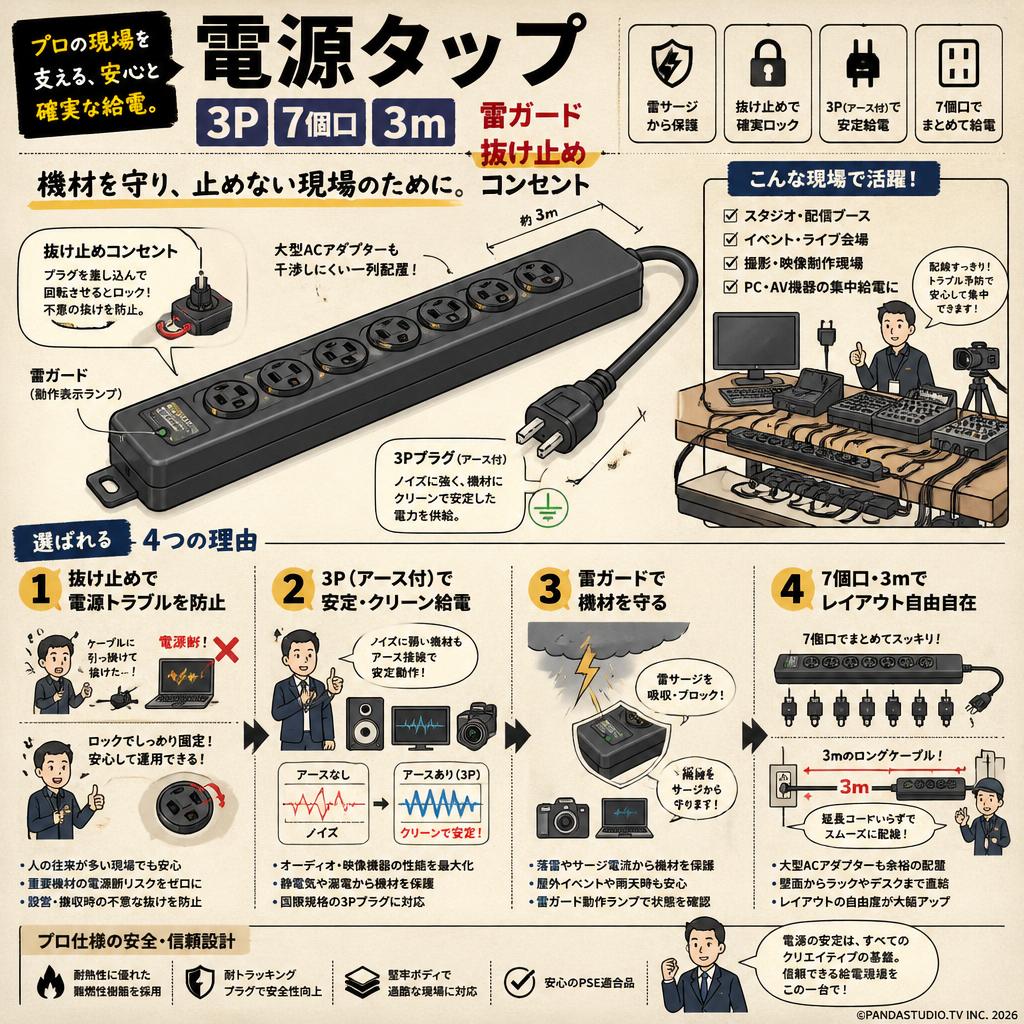 電源タップ 3P 7個口 3m  雷ガード 抜け止めコンセント 概要
