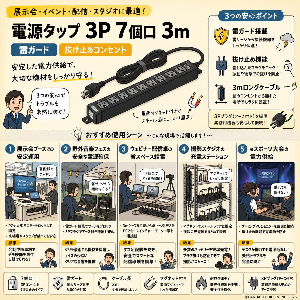 電源タップ 3P 7個口 3m  雷ガード 抜け止めコンセント 用途