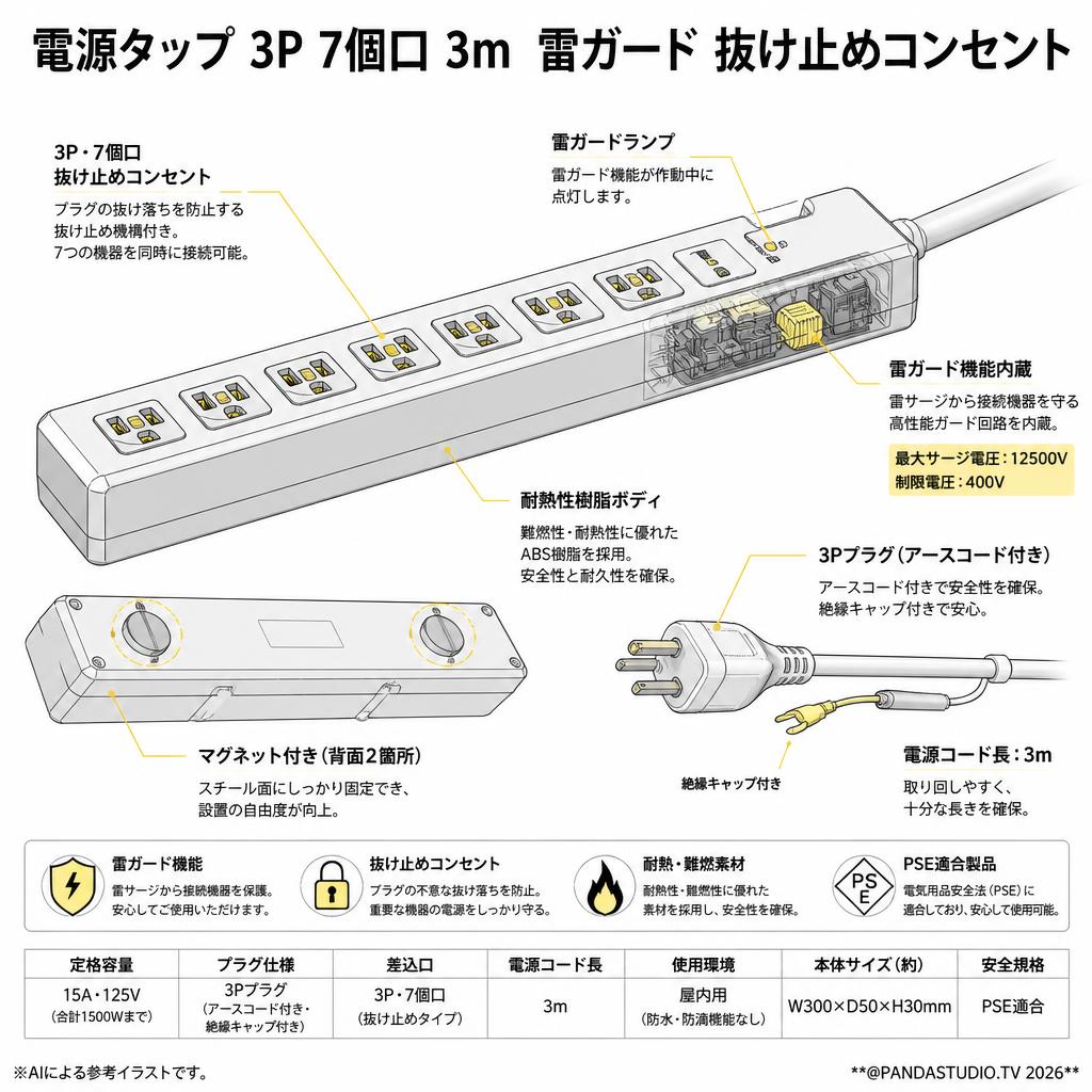 電源タップ 3P 7個口 3m  雷ガード 抜け止めコンセント スペック