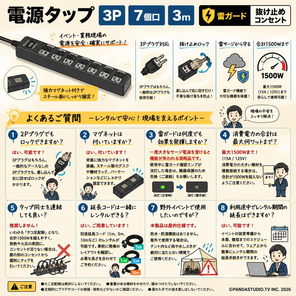 電源タップ 3P 7個口 3m  雷ガード 抜け止めコンセント FAQ（よくある質問と答え）