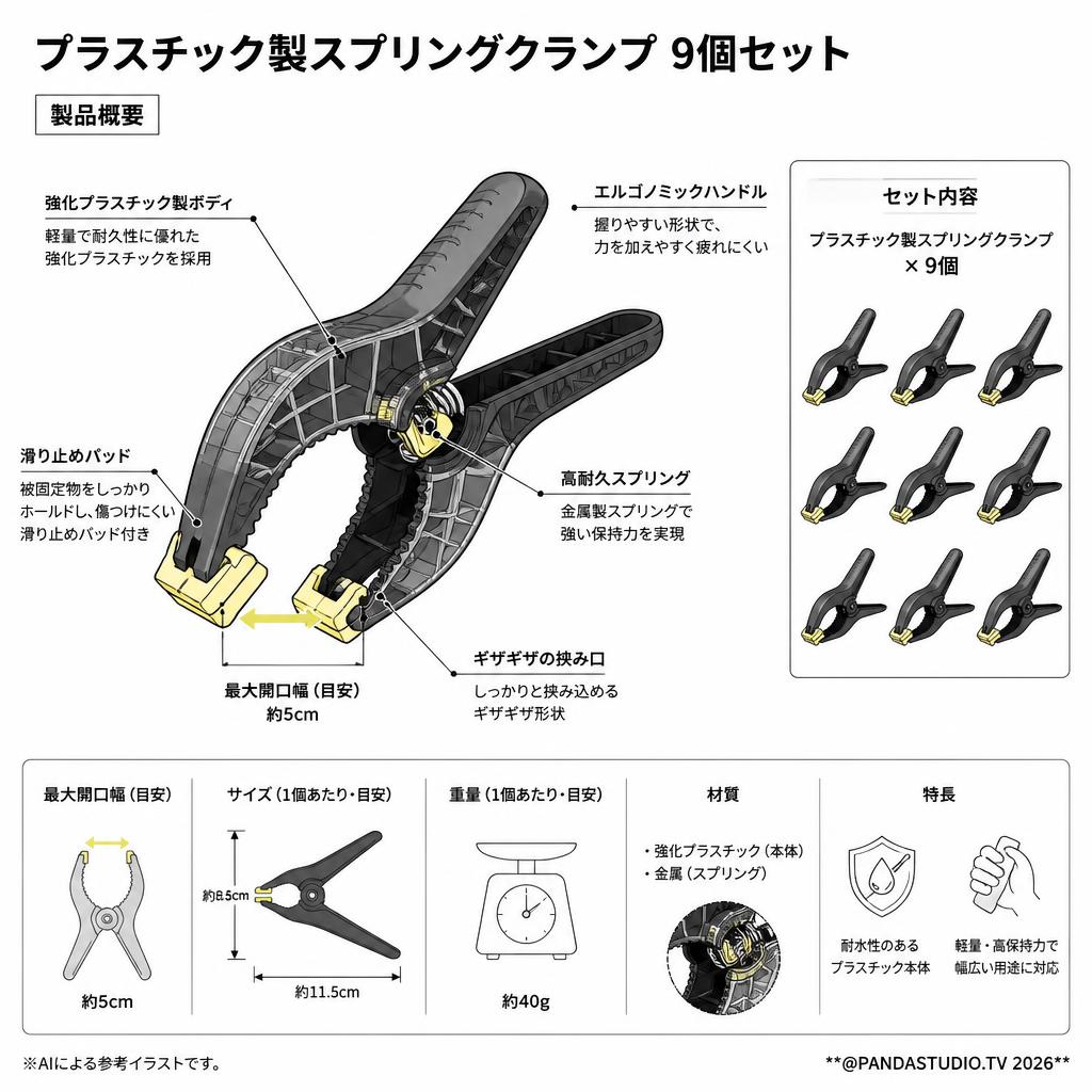 プラスチック製スプリングクランプ 9個セット スペック