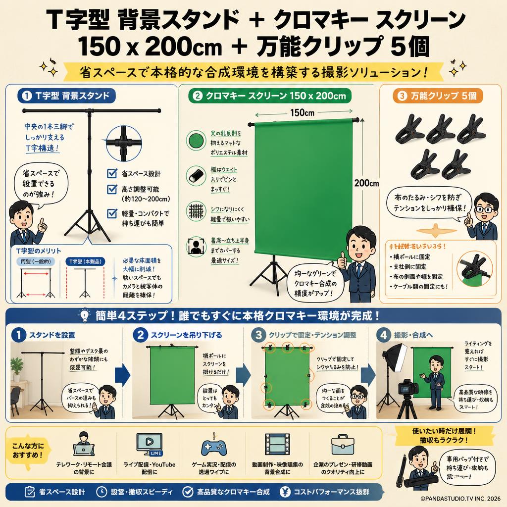 T字型 背景スタンド ＋ クロマキー スクリーン150 x 200cm ＋ 万能クリップ 5個 概要
