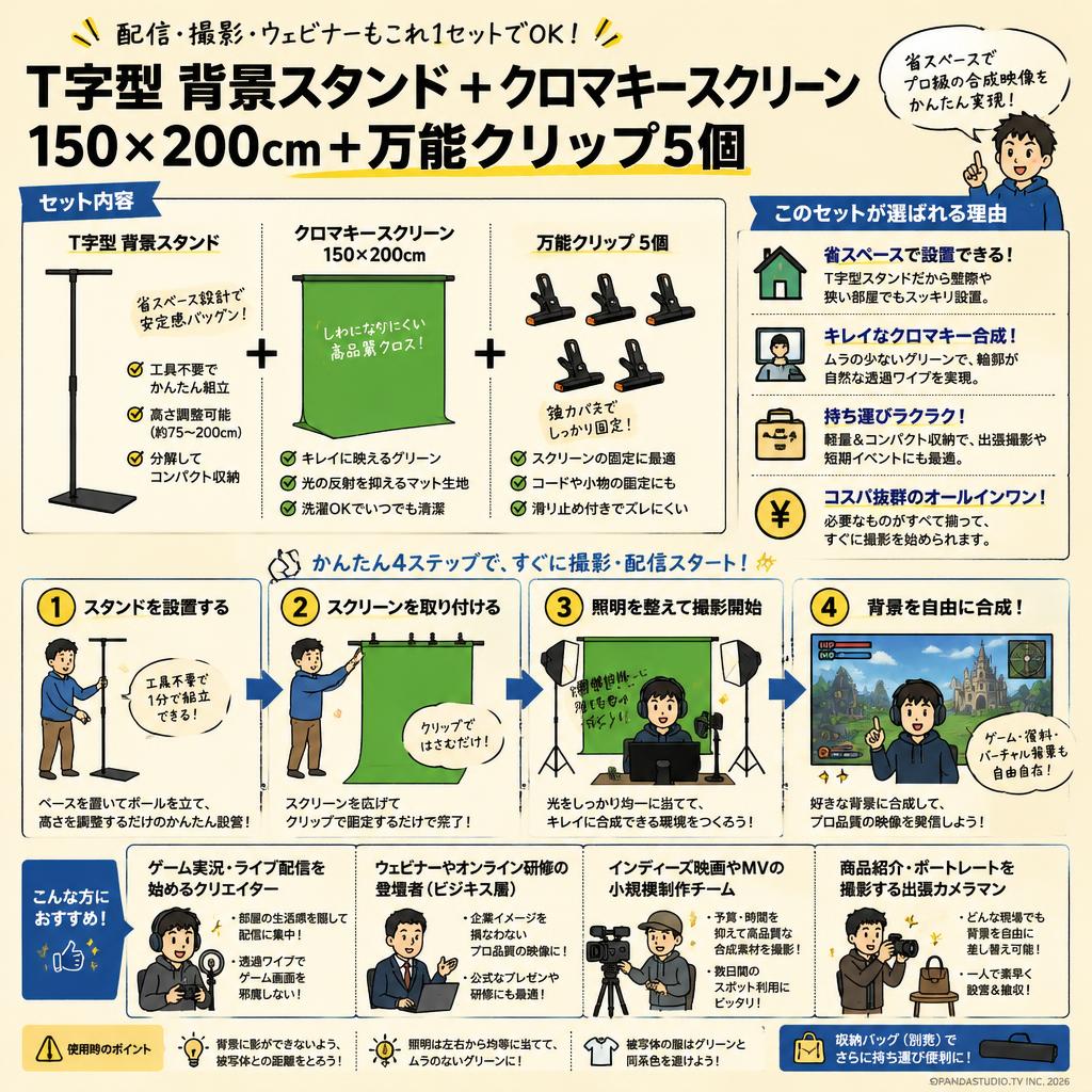 T字型 背景スタンド ＋ クロマキー スクリーン150 x 200cm ＋ 万能クリップ 5個 おもな対象のお客様