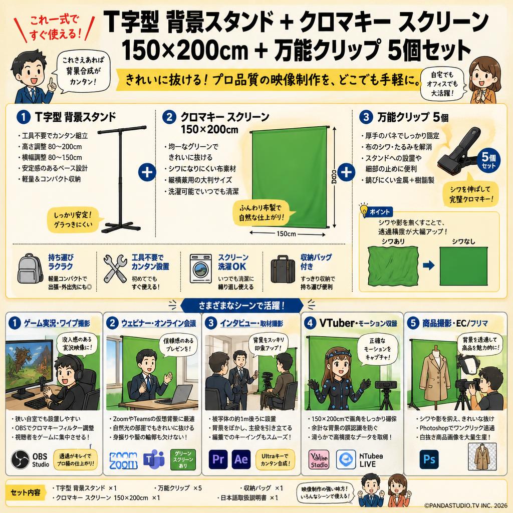 T字型 背景スタンド ＋ クロマキー スクリーン150 x 200cm ＋ 万能クリップ 5個 用途