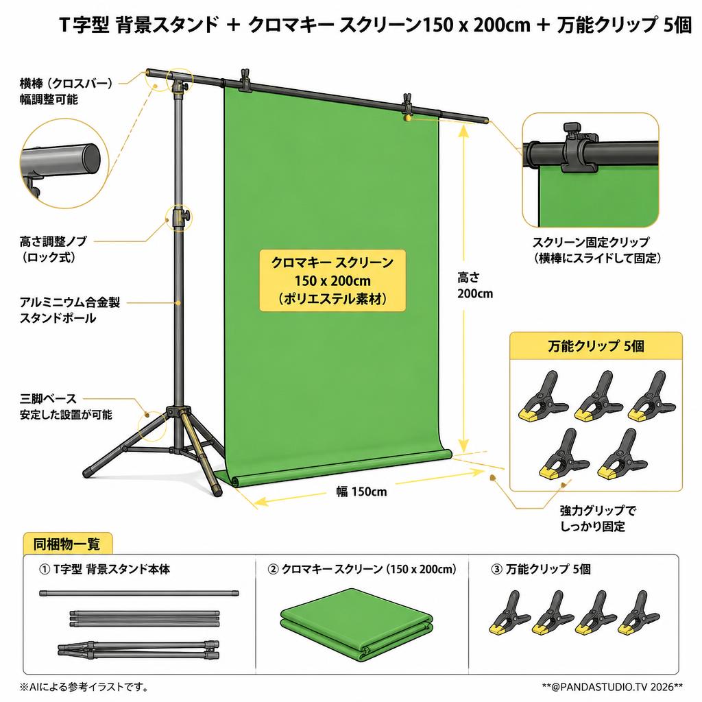 T字型 背景スタンド ＋ クロマキー スクリーン150 x 200cm ＋ 万能クリップ 5個 スペック