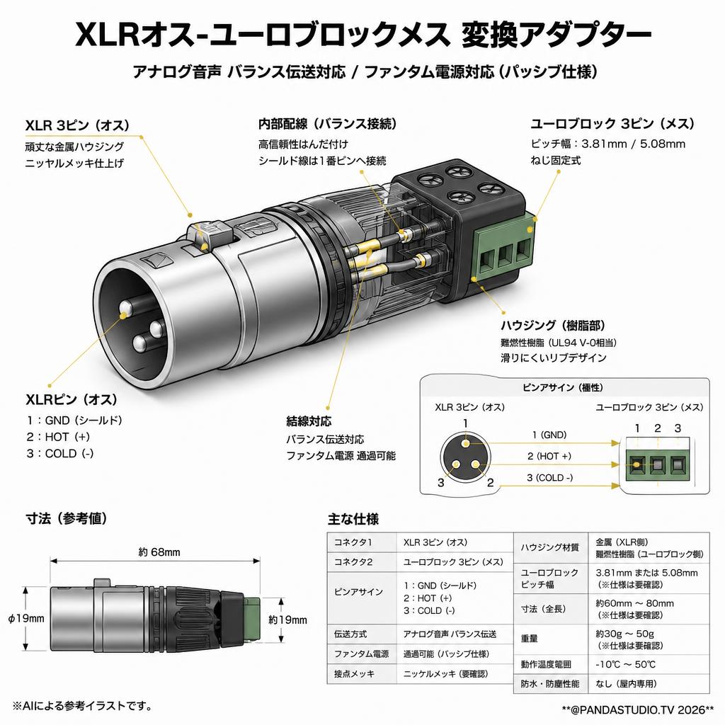 XLRオス-ユーロブロックメス 変換アダプター スペック