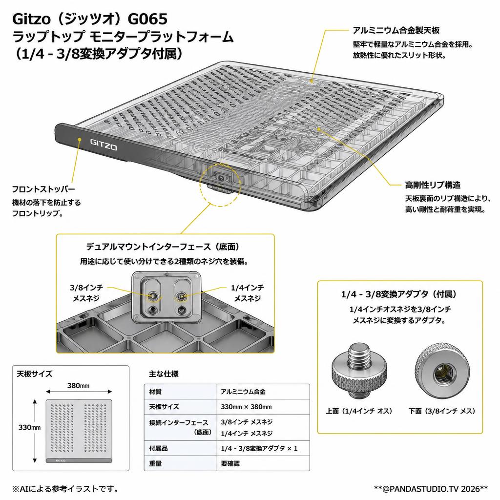Gitzo（ジッツオ） G065 ラップトップ モニタープラットフォーム（1/4 - 3/8変換アダプタ付属） スペック
