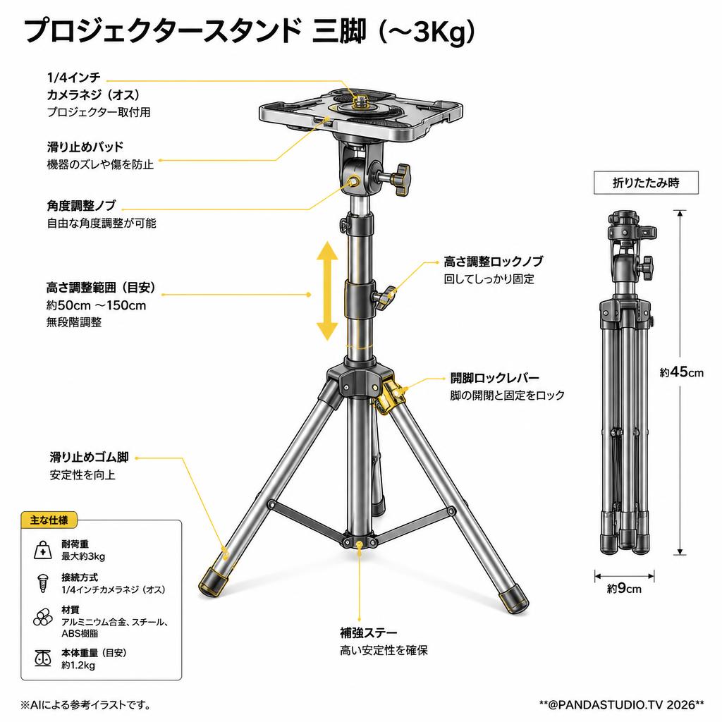プロジェクタースタンド 三脚（〜3Kg） スペック