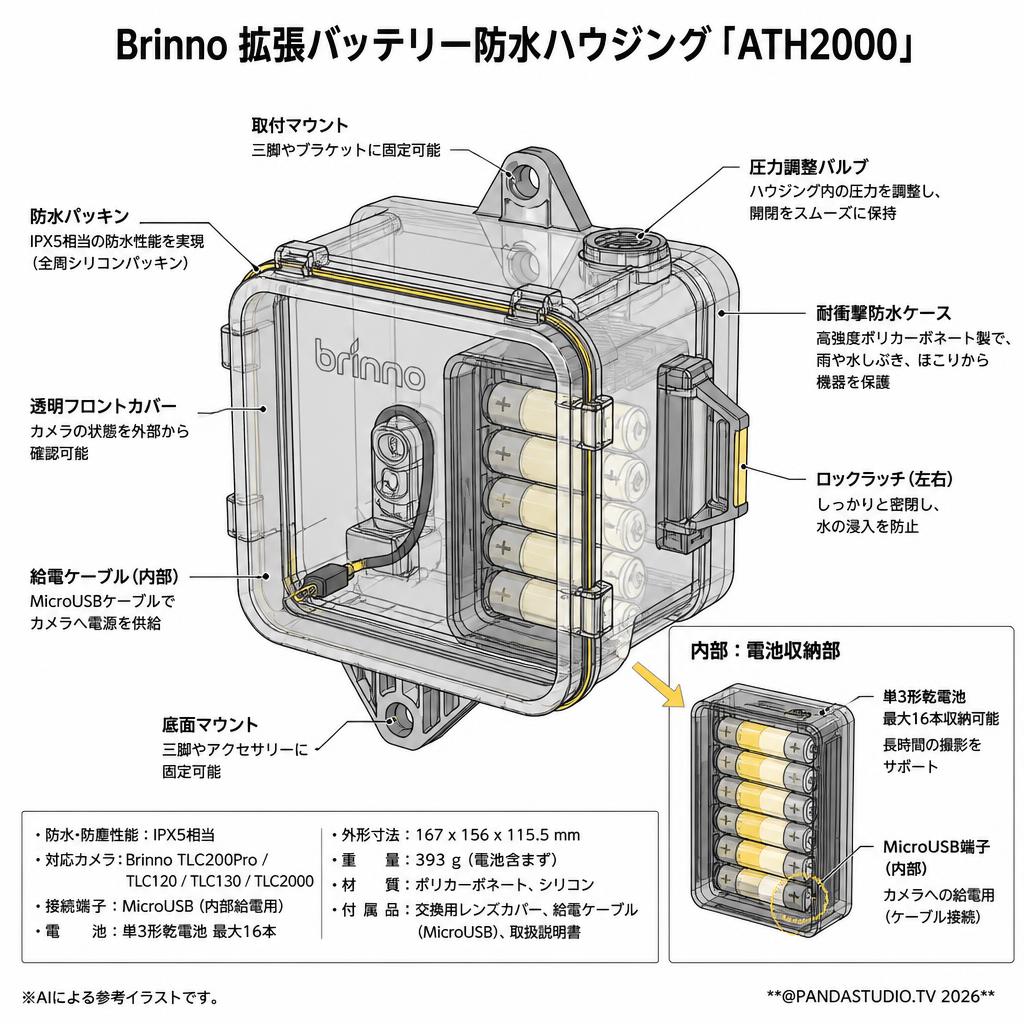 Brinno 拡張バッテリー防水ハウジング「ATH2000」 スペック