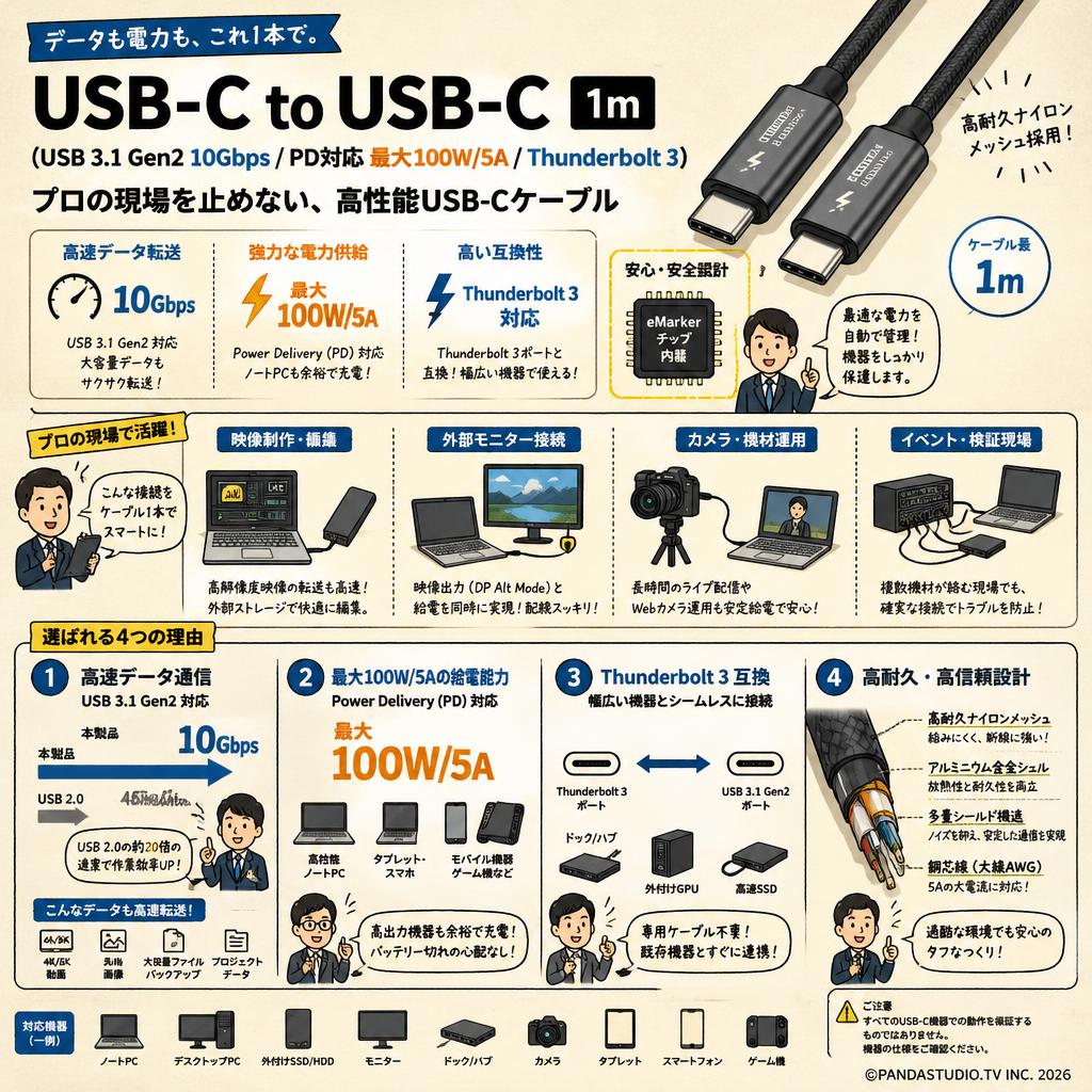 USB-C to USB-C（USB 3.1 Gen2 10Gbps PD対応 最大100W/5A Thunderbolt 3） 1m 概要