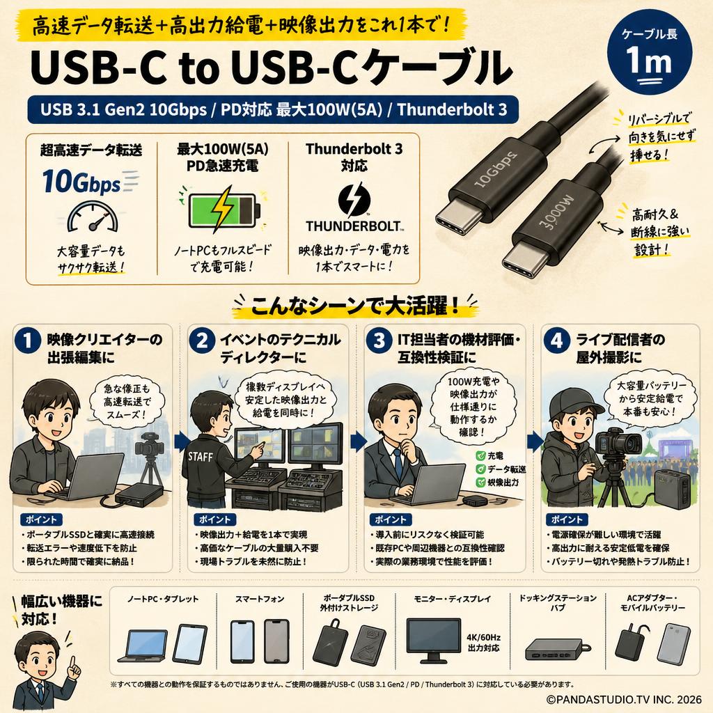 USB-C to USB-C（USB 3.1 Gen2 10Gbps PD対応 最大100W/5A Thunderbolt 3） 1m おもな対象のお客様