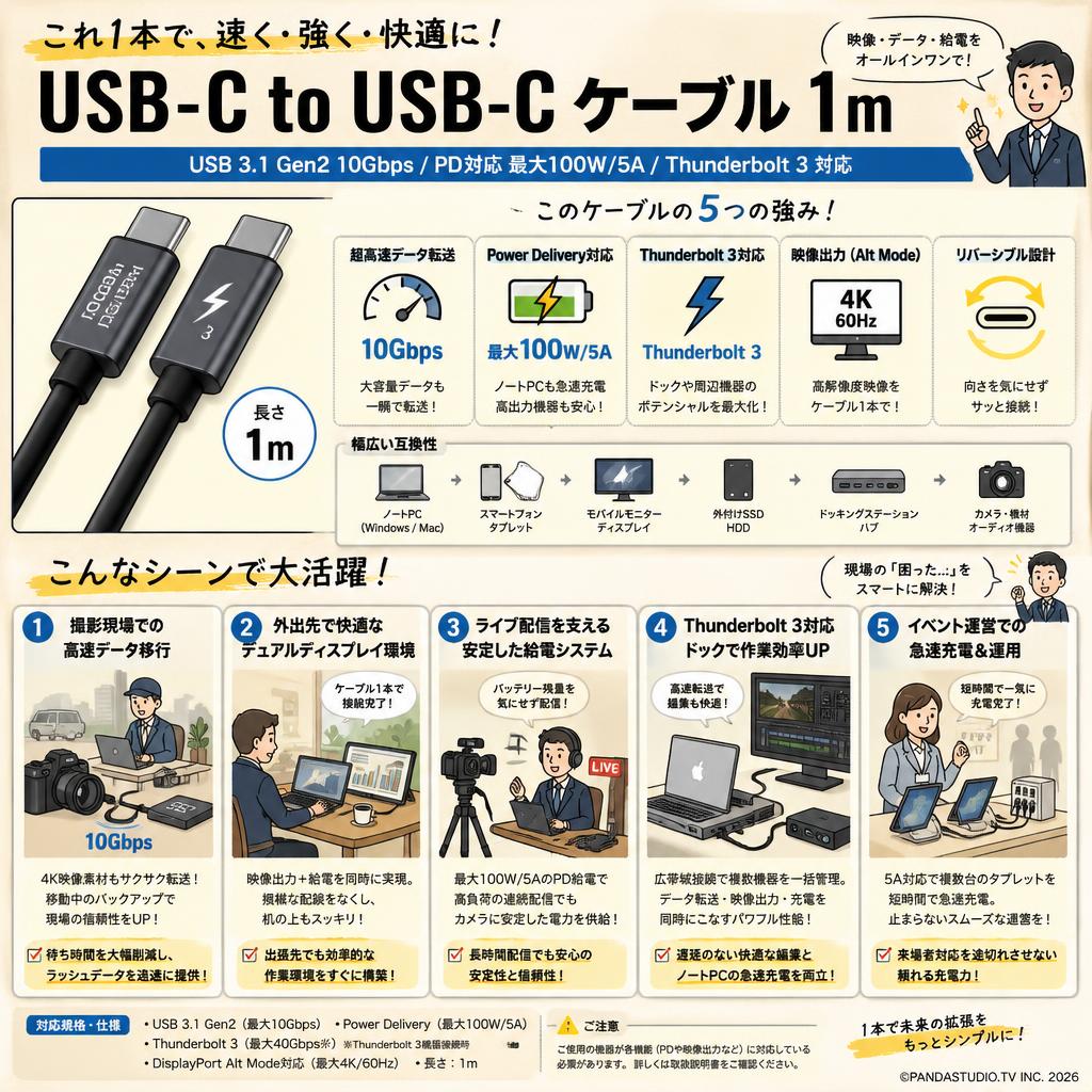 USB-C to USB-C（USB 3.1 Gen2 10Gbps PD対応 最大100W/5A Thunderbolt 3） 1m 用途
