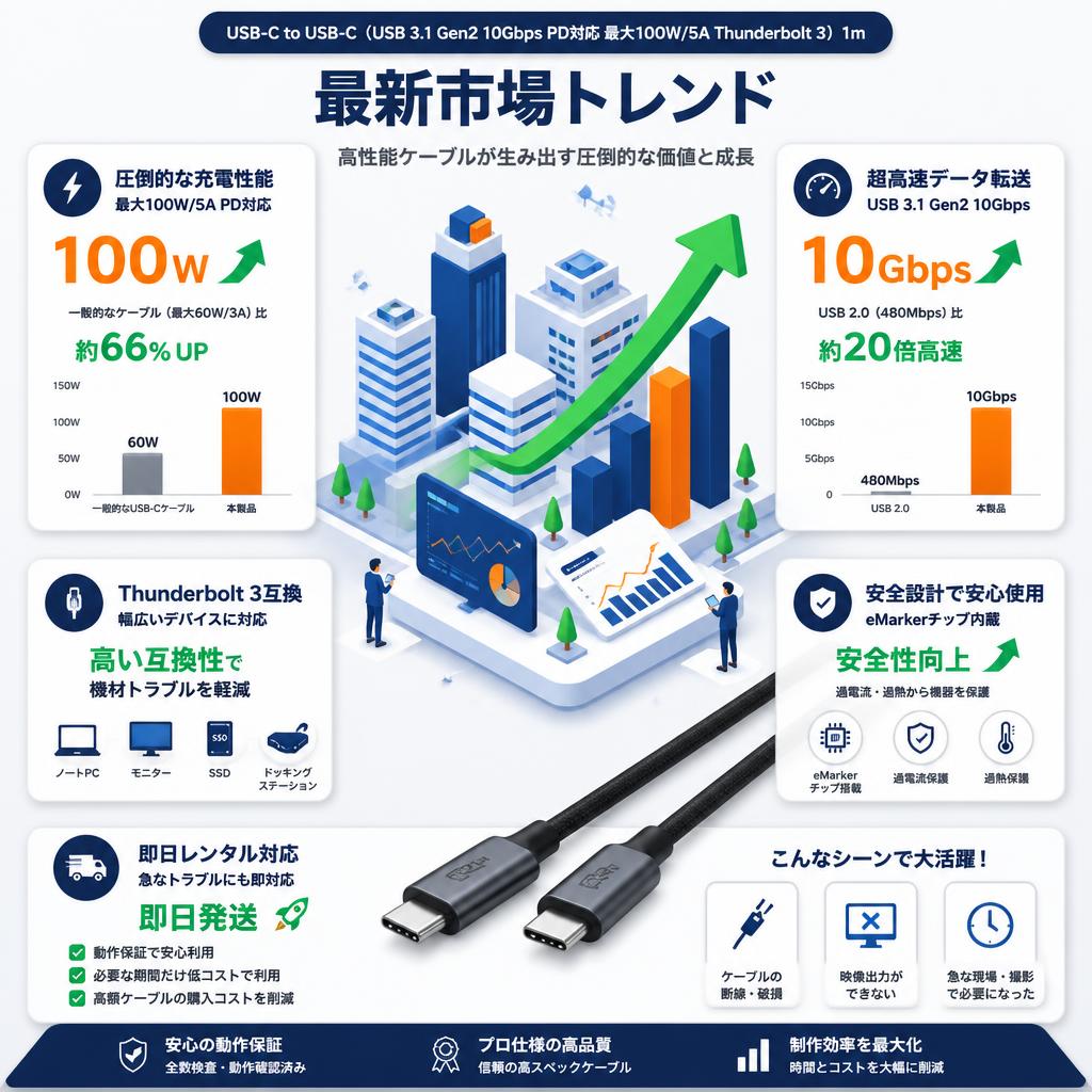 USB-C to USB-C（USB 3.1 Gen2 10Gbps PD対応 最大100W/5A Thunderbolt 3） 1m セールスポイント