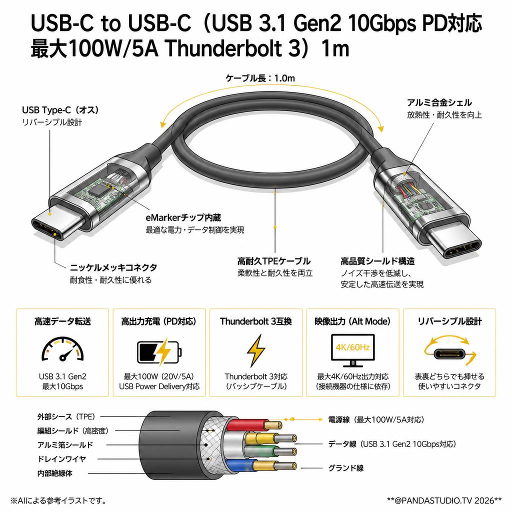 USB-C to USB-C（USB 3.1 Gen2 10Gbps PD対応 最大100W/5A Thunderbolt 3） 1m スペック