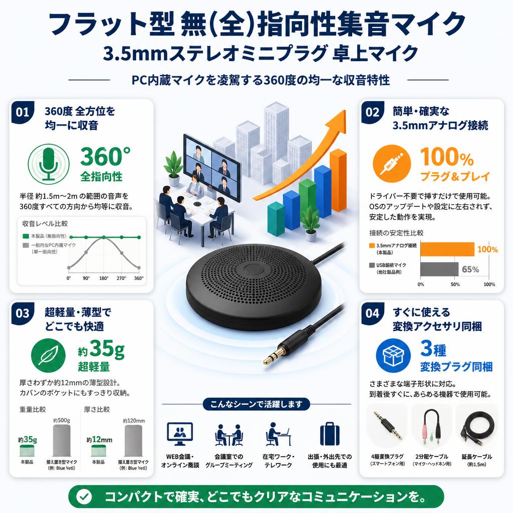 フラット型 無(全)指向性集音マイク 3.5mmステレオミニプラグ 卓上マイク セールスポイント