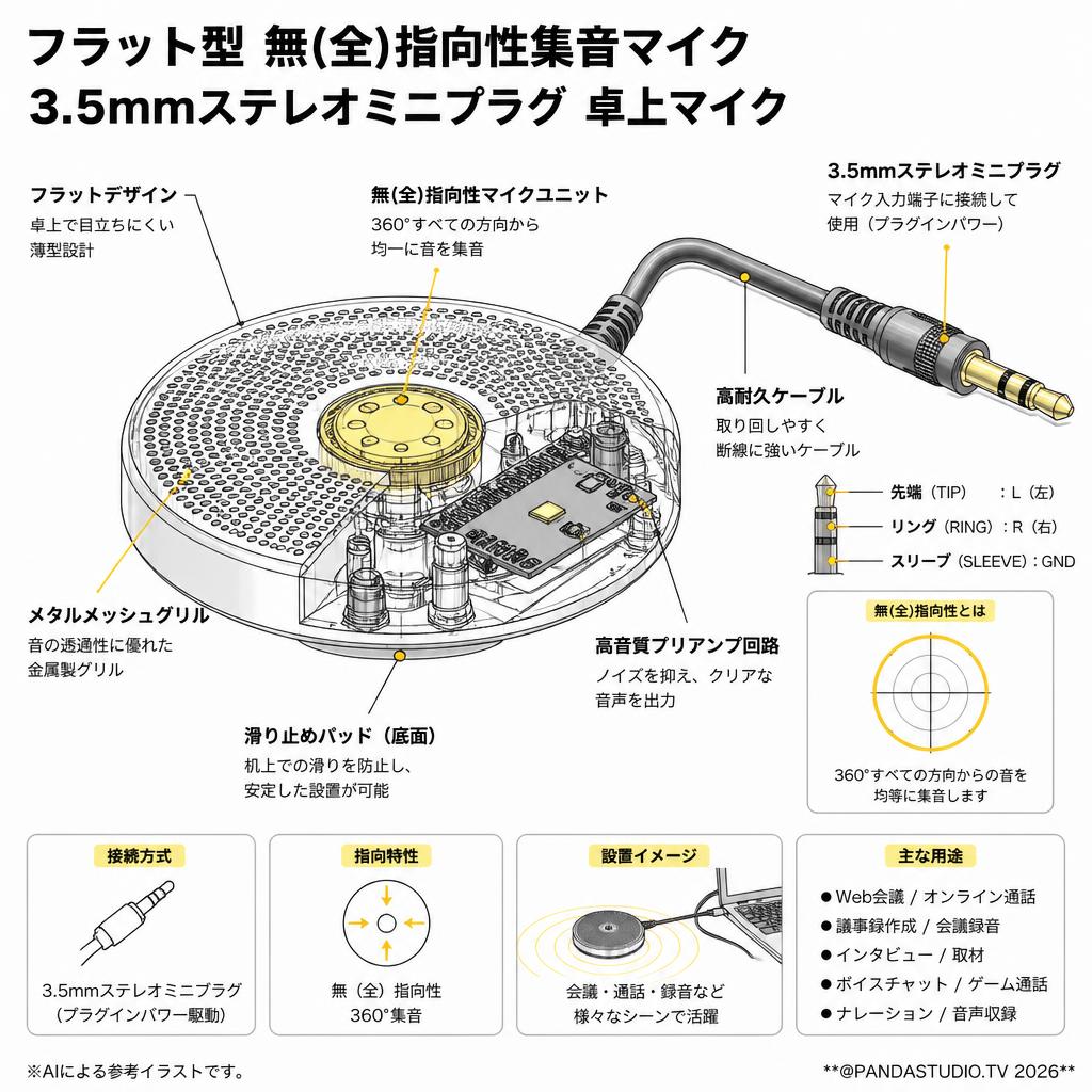 フラット型 無(全)指向性集音マイク 3.5mmステレオミニプラグ 卓上マイク スペック