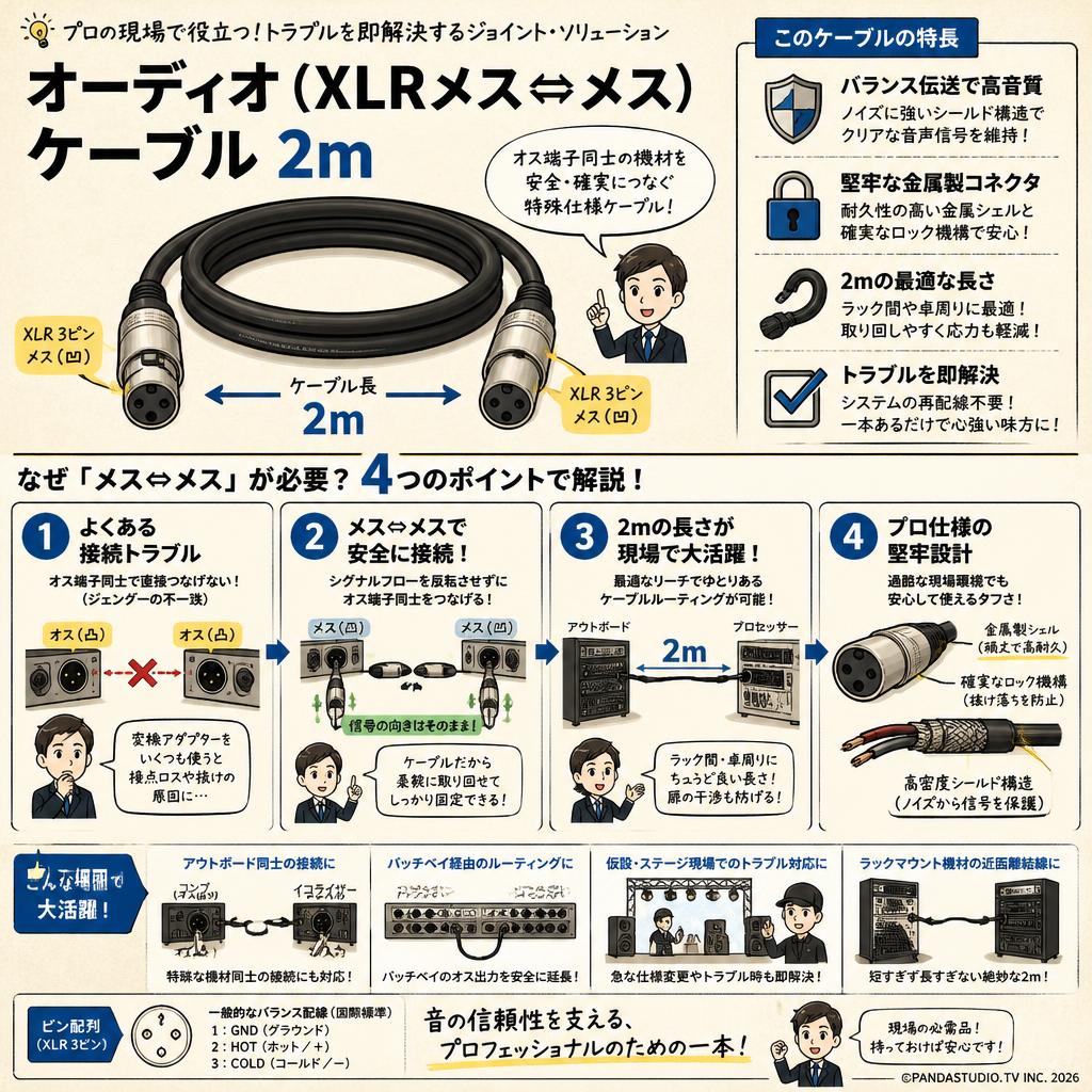 オーディオ（XLRメス ⇔メス）ケーブル2ｍ 概要