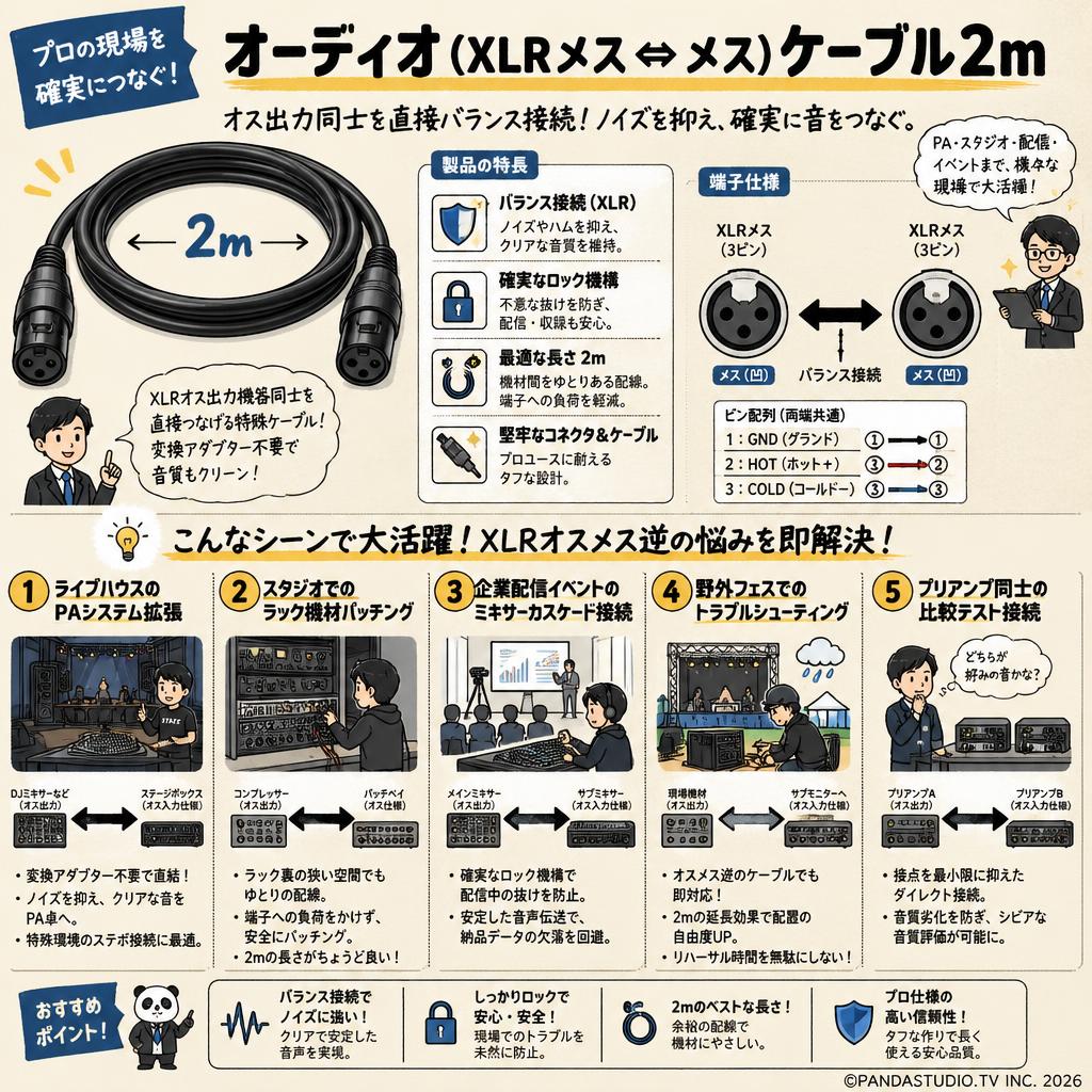 オーディオ（XLRメス ⇔メス）ケーブル2ｍ 用途