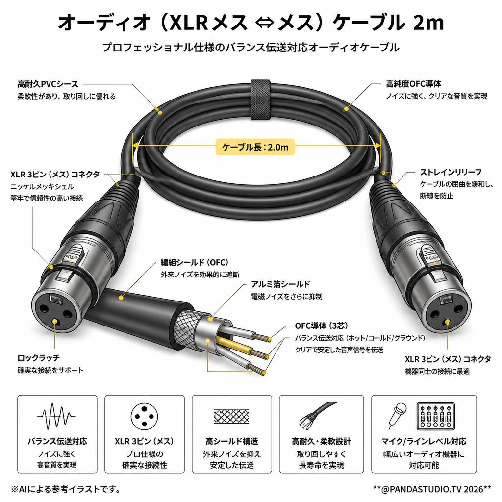 オーディオ（XLRメス ⇔メス）ケーブル2ｍ スペック