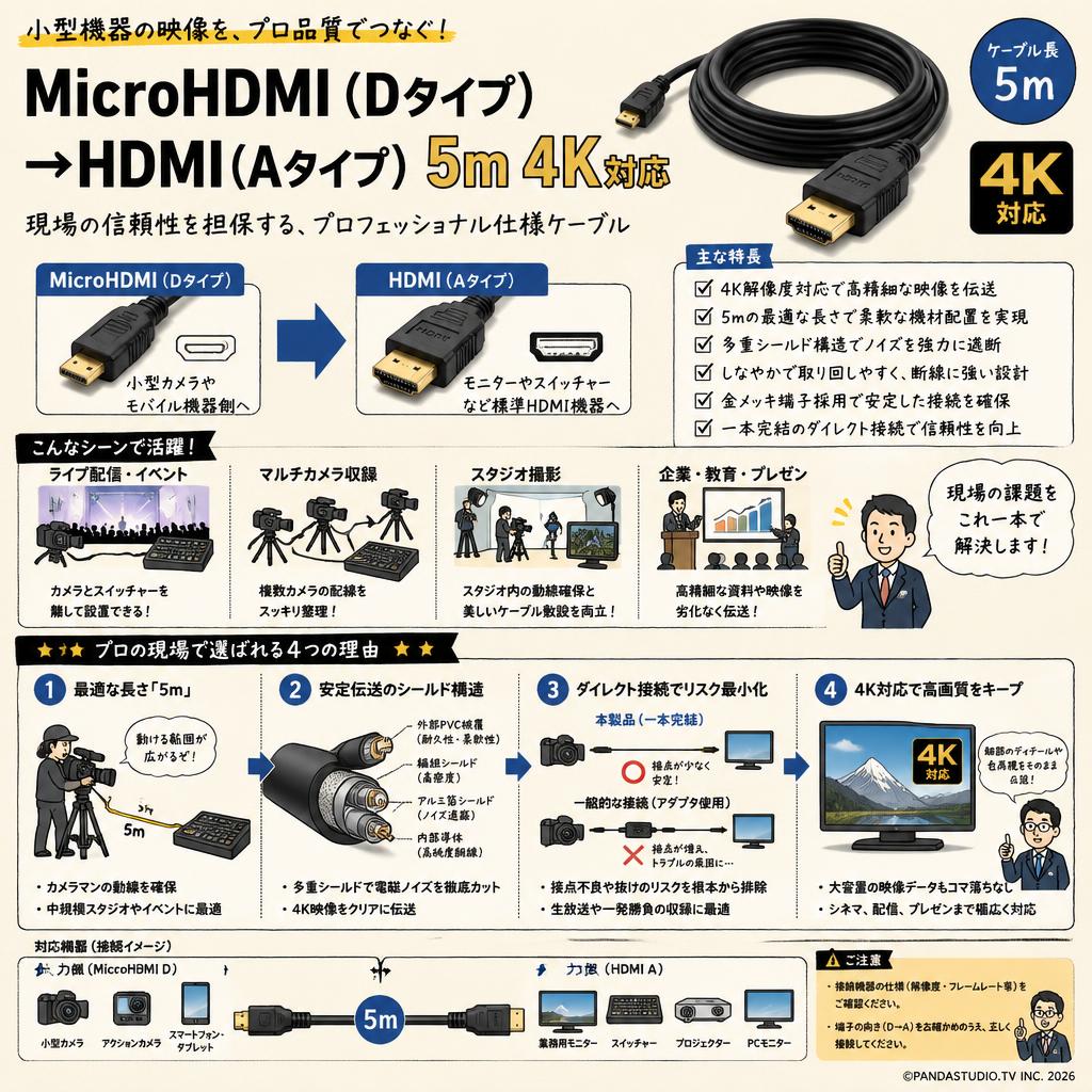 MicroHDMI（Dタイプ→HDMI（Aタイプ） 5m 4K対応 概要