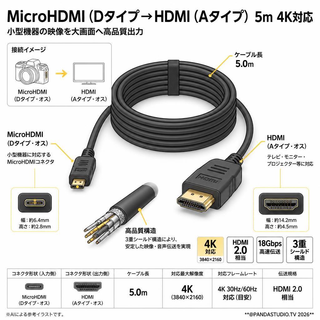 MicroHDMI（Dタイプ→HDMI（Aタイプ） 5m 4K対応 スペック
