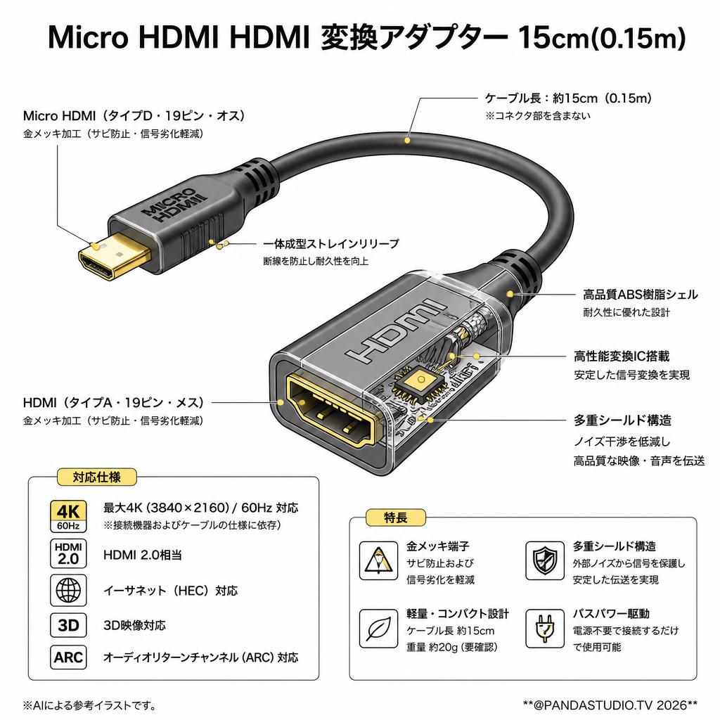 Micro HDMI HDMI 変換アダプター 15cm(0.15m) スペック