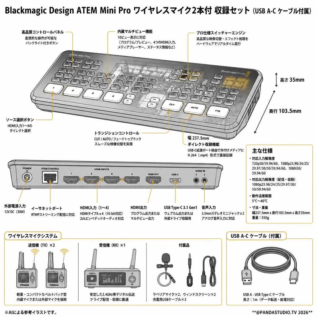 Blackmagic Design ATEM Mini Pro ワイヤレスマイク2本付 収録セット（USB A-C ケーブル付属） スペック