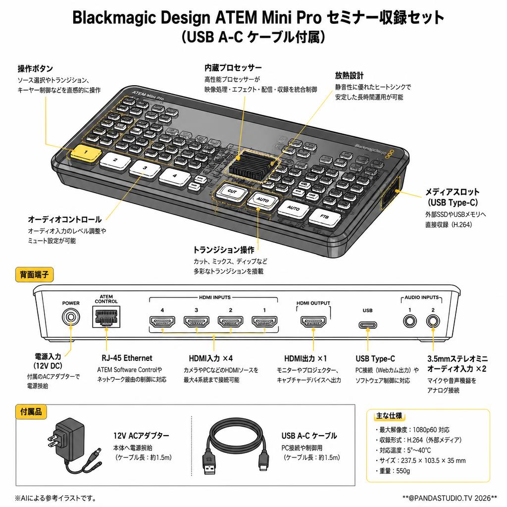 Blackmagic Design ATEM Mini Pro セミナー収録セット（USB A-C ケーブル付属） スペック