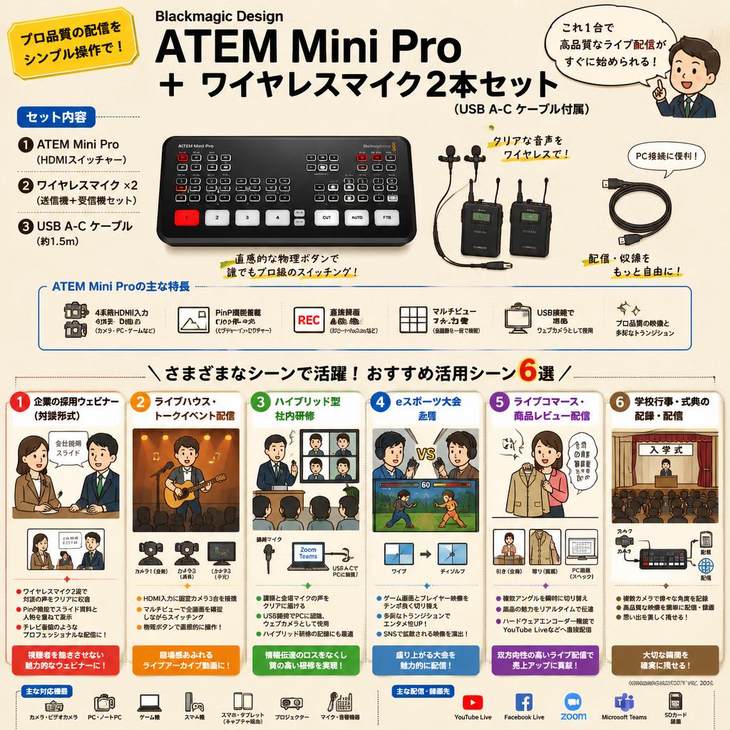 Blackmagic Design ATEM Mini Pro ＋ワイヤレスマイク2本セット（USB A-C ケーブル付属） 用途