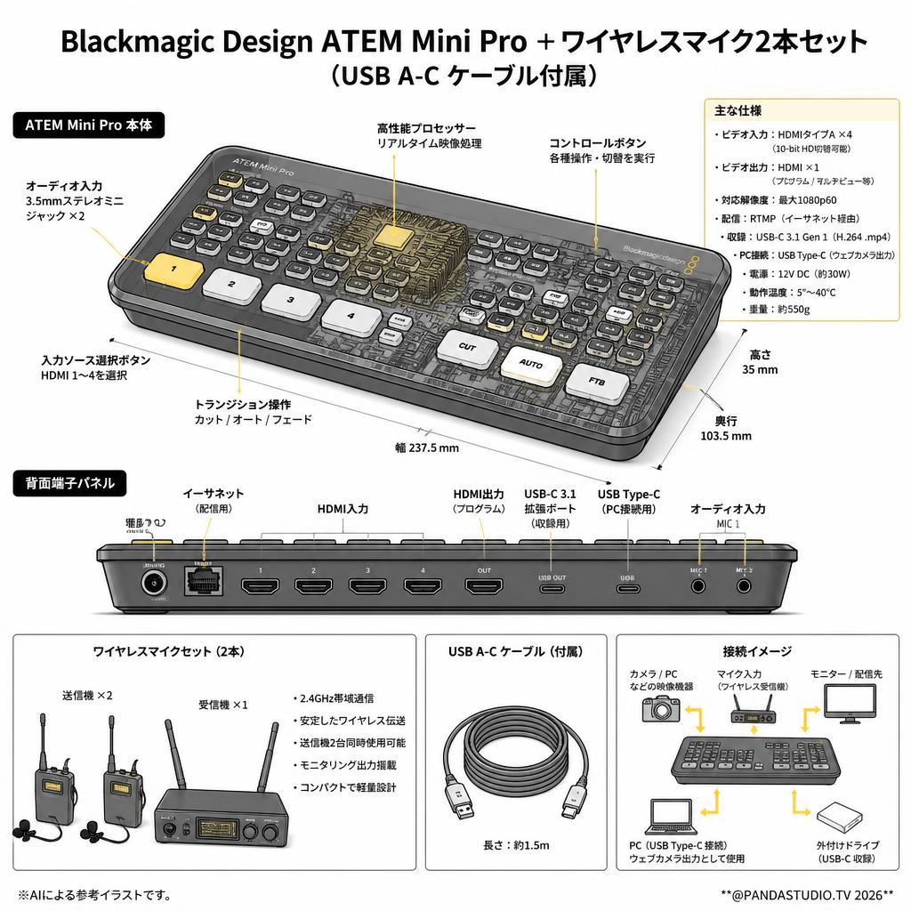 Blackmagic Design ATEM Mini Pro ＋ワイヤレスマイク2本セット（USB A-C ケーブル付属） スペック
