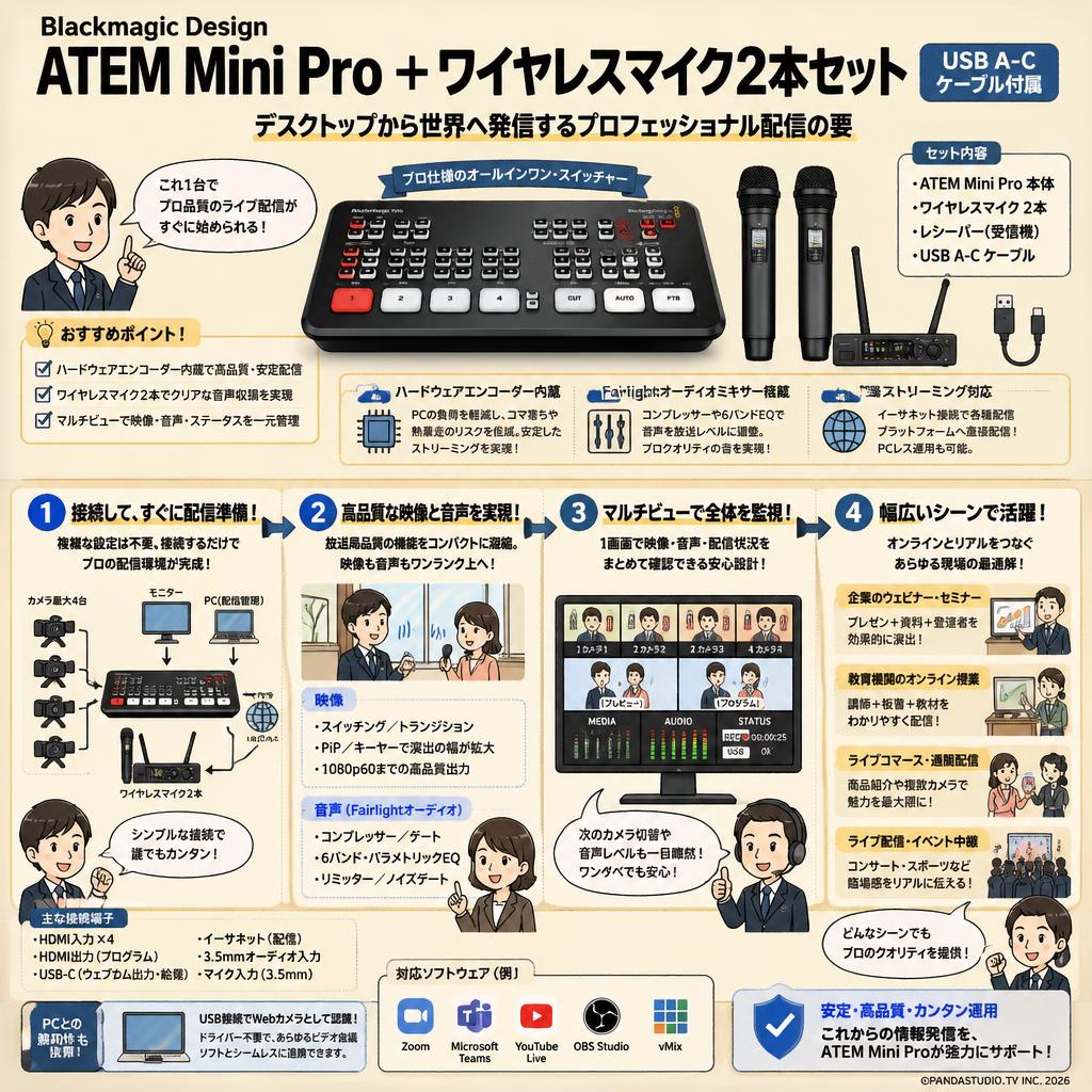Blackmagic Design ATEM Mini Pro ＋ワイヤレスマイク2本セット（USB A-C ケーブル付属） 概要