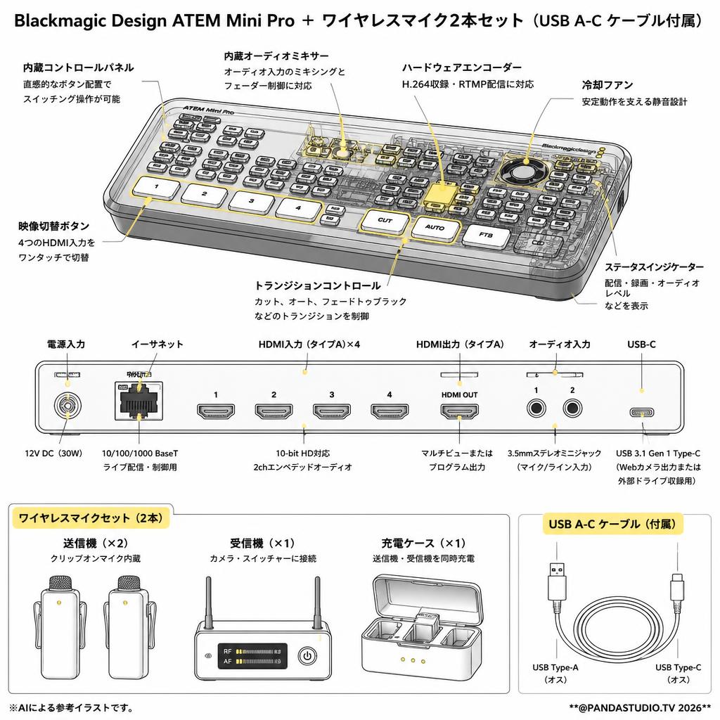 Blackmagic Design ATEM Mini Pro ＋ワイヤレスマイク2本セット（USB A-C ケーブル付属） スペック