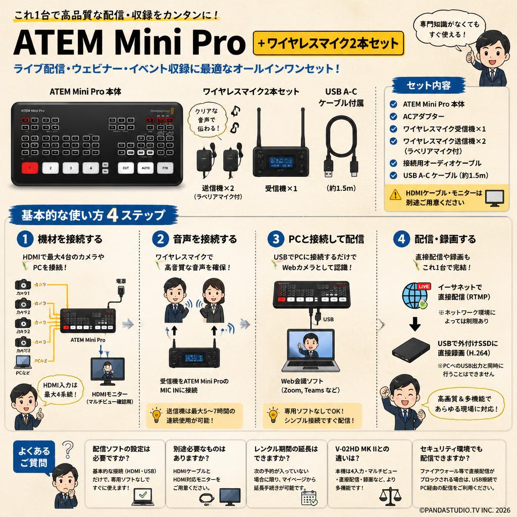Blackmagic Design ATEM Mini Pro ＋ワイヤレスマイク2本セット（USB A-C ケーブル付属） FAQ（よくある質問と答え）