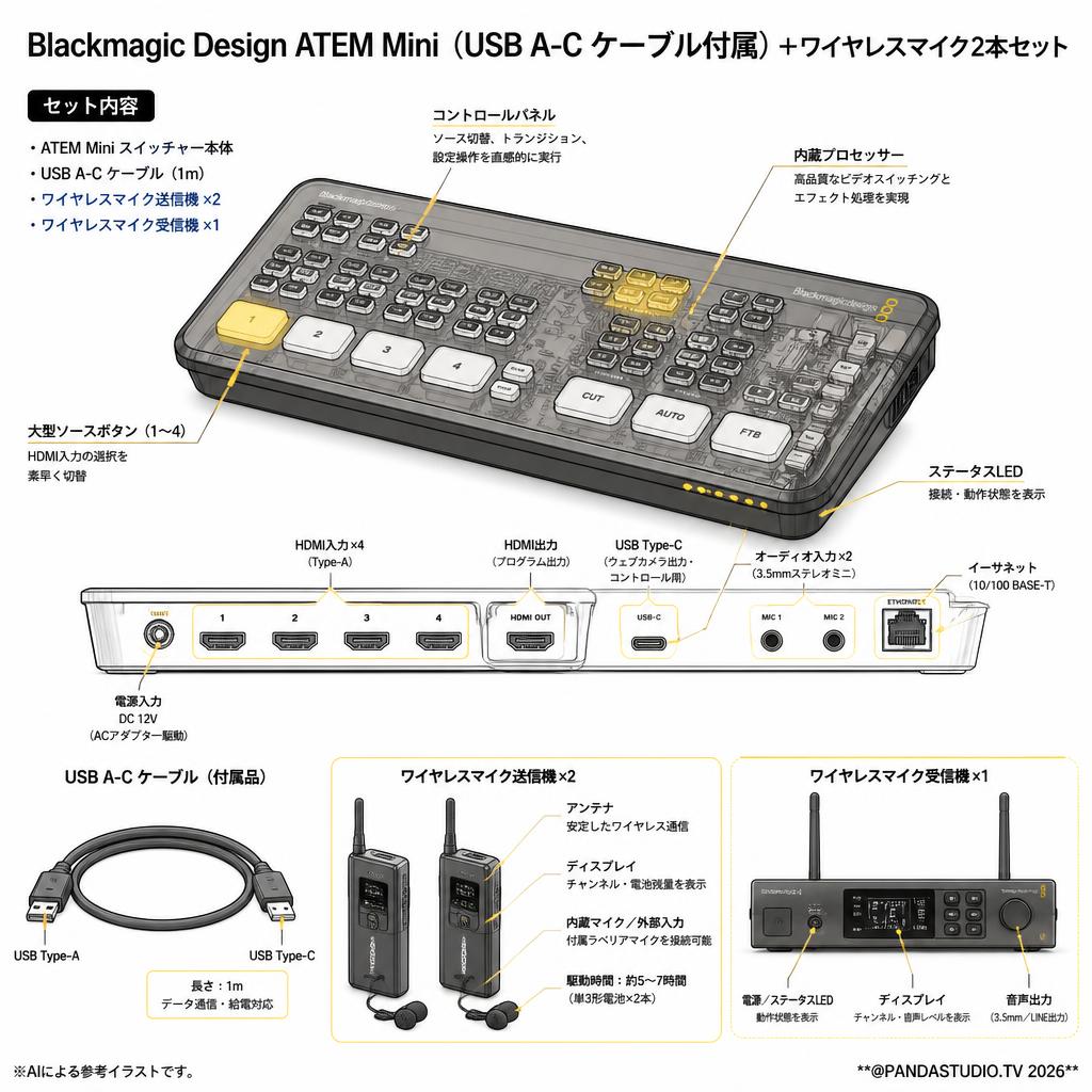 Blackmagic Design ATEM Mini（USB A-C ケーブル付属）＋ワイヤレスマイク2本セット スペック